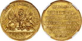 ITALY. Venice. Alliance with Bern Gold Medal of 2 Ducats Weight, 1706. Zurich Mint. NGC MS-63.
SM-74; Voltolina-III, 1346. By J. H. Gessner. Weight: ...