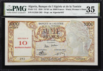 ALGERIA. Banque de l'Algerie et de la Tunisie. 10 NF on 1000 Francs, 25.7.1958. P-112. PMG Choice Very Fine 35.
Sole finest in the PMG population rep...