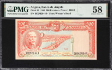 ANGOLA. Banco de Angola. 500 Escudos, 15.8.1956. P-90. PMG Choice About Uncirculated 58.
Just the faintest hint of circulation on this scarce type fr...