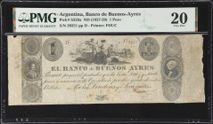 ARGENTINA. Banco de Buenos Ayres. 1 Peso, ND (1827-29). P-S328a. BN-22. PMG Very Fine 20.
A curious provisional issue that features the portrait of S...