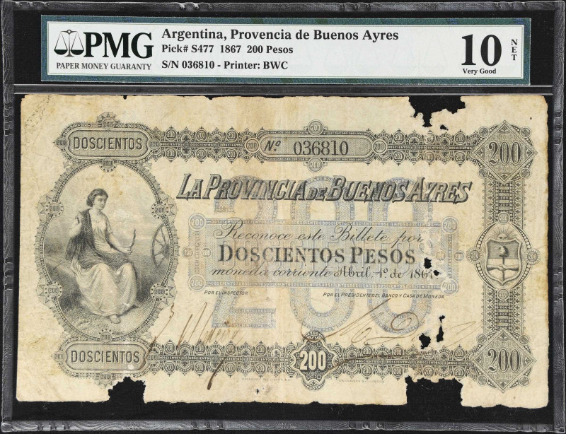 ARGENTINA. Provincia de Buenos Ayres. 200 Pesos, 1.4.1867. P-S477. BA-116. PMG V...