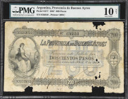 ARGENTINA. Provincia de Buenos Ayres. 200 Pesos, 1.4.1867. P-S477. BA-116. PMG Very Good 10 Net. Paper Damage.
A very rare type and denomination from...