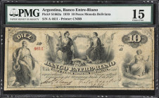 ARGENTINA. Banco Entre-Riano. 10 Pesos Moneda Boliviana, 1.6.1870. P-S1663a. ENR-24. PMG Choice Fine 15.
Fully issued example of this scarce private ...