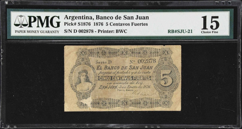 ARGENTINA. Banco de San Juan. 5 Centavos Fuertes, 1876. P-S1876. SJU-21. PMG Cho...