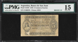 ARGENTINA. Banco de San Juan. 5 Centavos Fuertes, 1876. P-S1876. SJU-21. PMG Choice Fine 15.
One of just two examples of this scarce small-change not...