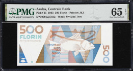 ARUBA. Centrale Bank van Aruba. 500 Florin, 16.7.1993. P-15. PMG Gem Uncirculated 65 EPQ.
First date (of two) issued for the highest denomination of ...