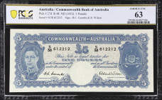 AUSTRALIA. Commonwealth Bank of Australia. 5 Pounds, ND (1952). P-27d. R48. PCGS Banknote Choice Uncirculated 63.
Coombs - Wilson signature variety. ...