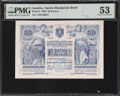 AUSTRIA. Oesterreichisch-Ungarische Bank. 50 Kronen, 2.1.1902. P-6. PMG About Uncirculated 53.
Not a particularly rare type but surprisingly challeng...