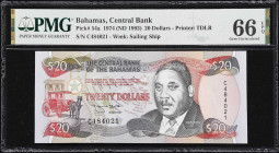 BAHAMAS. Central Bank of the Bahamas. 20 Dollars, 1974 (ND 1993). P-54a. PMG Gem Uncirculated 66 EPQ.
A deceptively difficult modern type from the Ba...