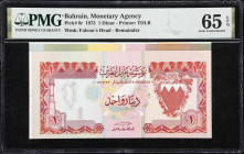 BAHRAIN. Bahrain Monetary Agency. 1 Dinar, 1973. P-8r. Remainder. PMG Gem Uncirculated 65 EPQ.
The next denomination in remainder or proof format. In...