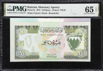 BAHRAIN. Bahrain Monetary Agency. 10 Dinars, 1973. P-9r. Remainder. PMG Gem Uncirculated 65 EPQ.
The highest denomination of this group of Bahrain re...