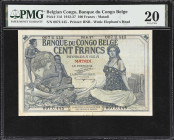 BELGIAN CONGO. Banque du Congo Belge. 100 Francs, 26.6.1927. P-11d. PMG Very Fine 20.
Matadi branch. A deceptively difficult type from Belgian Congo ...