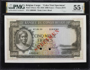 BELGIAN CONGO. Banque du Congo Belge. 5000 Francs, 7.8.1950. P-19As. Specimen. PMG About Uncirculated 55 EPQ.
Identified by PMG as a color trial spec...