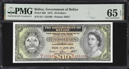 BELIZE. Government of Belize. 10 Dollars, 1.6.1975. P-36b. PMG Gem Uncirculated 65 EPQ.
A nice example of this popular type from Belize, seen here wi...