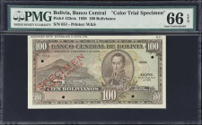 BOLIVIA. Banco Central de Bolivia. 100 Bolivianos, 20.7.1928. P-133cts. Color Trial Specimen. PMG Gem Uncirculated 66 EPQ.
Attractive color trial spe...