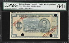 BOLIVIA. Banco Central de Bolivia. 1000 Bolivianos, 20.7.1928. P-135cts. Color Trial Specimen. PMG Choice Uncirculated 64 EPQ.
The highest denominati...