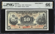 BOLIVIA. Banco Industrial de la Paz. 10 Bolivianos, 1.6.1900. P-S153as. Specimen. PMG Gem Uncirculated 66 EPQ.
An early private issue in specimen for...