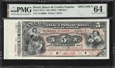 BRAZIL. Banco de Credito Popular. 5 Mil Reis, ND (1892). P-S551s. Specimen. PMG Choice Uncirculated 64.
A 19th-century private issue from Brazil prin...