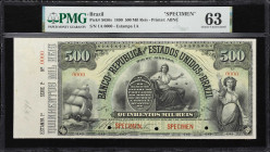 BRAZIL. Banco da Republica dos Estados Unidos do Brazil. 500 Mil Reis, 7.12.1890. P-S650s. Specimen. PMG Choice Uncirculated 63.
Counterfoil included...