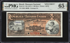 BRAZIL. Lot of (2). Thesouro Nacional. 1 Mil Reis, ND (1891-1917). P-3s & 5s. Specimens. PMG Choice Uncirculated 64 & Gem Uncirculated 65 EPQ.
A pair...