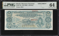 BRAZIL. Thesouro Nacional. 2 Mil Reis, ND (1902). P-12s. Specimen. PMG Choice Uncirculated 64.
A somewhat more available note from early 20th century...