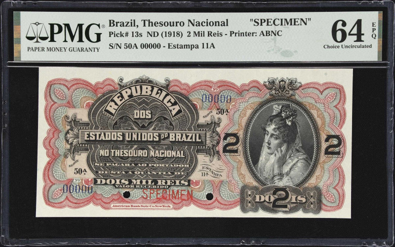 BRAZIL. Thesouro Nacional. 2 Mil Reis, ND (1918). P-13s. Specimen. PMG Choice Un...