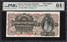 BRAZIL. Thesouro Nacional. 2 Mil Reis, ND (1918). P-13s. Specimen. PMG Choice Uncirculated 64 EPQ.
Pleasing specimen of this scarce type from Brazil....