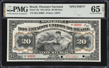 BRAZIL. Thesouro Nacional. 20 Mil Reis, ND (1912). P-45s. Specimen. PMG Gem Uncirculated 65 EPQ.
An attractive type from Brazil that is seen here as ...