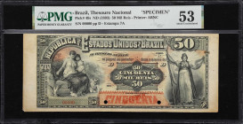 BRAZIL. Thesouro Nacional. 50 Mil Reis, ND (1893). P-49s. Specimen. PMG About Uncirculated 53.
A well-designed type from the American Bank Note Compa...