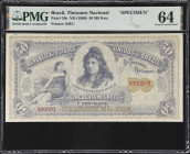 BRAZIL. Thesouro Nacional. 50 Mil Reis, ND (1900). P-50s. Specimen. PMG Choice Uncirculated 64.
One of just two specimens of this important type in t...