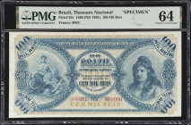 BRAZIL. Thesouro Nacional. 100 Mil Reis, 1889 (ND 1901). P-62s. Specimen. PMG Choice Uncirculated 64.
Sole finest in the PMG population report as of ...