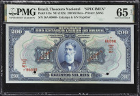 BRAZIL. Thesouro Nacional. 200 Mil Reis, ND (1925). P-81bs. Specimen. PMG Gem Uncirculated 65 EPQ.
The sole finest specimen in the PMG population rep...