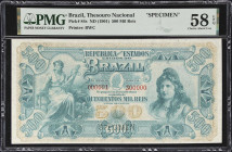 BRAZIL. Thesouro Nacional. 500 Mil Reis, ND (1901). P-84s. Specimen. PMG Choice About Uncirculated 58 EPQ.
A deceptively difficult type to find in an...