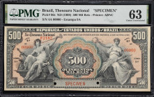 BRAZIL. Thesouro Nacional. 500 Mil Reis, ND (1908). P-86s. Specimen. PMG Choice Uncirculated 63.
This 500 Reis is surpassed in the PMG population rep...