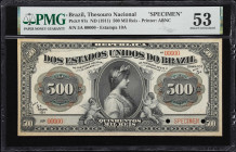 BRAZIL. Thesouro Nacional. 500 Mil Reis, ND (1911). P-87s. Specimen. PMG About Uncirculated 53.
An attractive note from Brazil that is a high denomin...