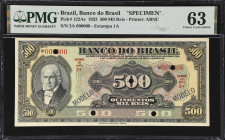 BRAZIL. Banco do Brasil. 500 Mil Reis, 8.1.1923. P-122As. Specimen. PMG Choice Uncirculated 63.
A somewhat more available specimen from the Banco de ...