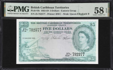 BRITISH CARIBBEAN TERRITORIES. Currency Board of the British Caribbean Territories. 5 Dollars, 2.1.1958. P-9b. PMG Choice About Uncirculated 58 EPQ.
...