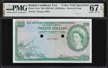 BRITISH CARIBBEAN TERRITORIES. Currency Board of the British Caribbean Territories. 20 Dollars, ND (1953-64). P-11cts. Color Trial Specimen. PMG Super...