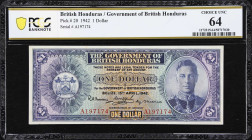 BRITISH HONDURAS. Government of British Honduras. 1 Dollar, 15.4.1942. P-20b. PCGS Banknote Choice Uncirculated 64.
A type typically seen heavily cir...