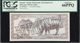 BURUNDI. Banque du Royaume. 500 Francs, 15.5.1961. P-6. PCGS Currency Gem New 66 PPQ.
The second highest denomination of the provisional series of no...