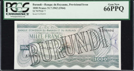 BURUNDI. Banque du Royaume. 1000 Francs, 31.7.1962. P-7. PCGS Currency Gem New 66 PPQ.
In 1964, the newly independent country of Burundi issued its f...