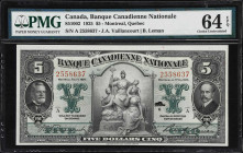 CANADA. Banque Canadienne Nationale. 5 Dollars, 1.2.1925. CH #85-10-02. PMG Choice Uncirculated 64 EPQ.
The initial denomination from the 1925 series...