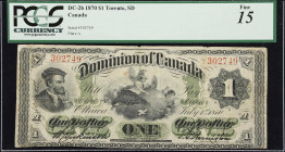 CANADA. Dominion of Canada. 1 Dollar, 1.7.1870. DC-2b. PCGS Currency Fine 15.
Payable at Toronto. Small date. Perhaps the most available variety of t...