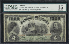 CANADA. Dominion of Canada. 4 Dollars, 2.1.1902. DC-17b. PMG Choice Fine 15.
Boville signature at right. "FOUR" on top. An iconic denomination from t...