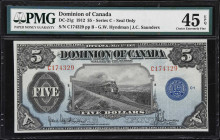 CANADA. Dominion of Canada. 5 Dollars, 1.5.1912. DC-21g. PMG Choice Extremely Fine 45 EPQ.
Hyndman - Saunders signature combination, seal only, witho...