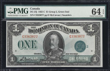 CANADA. Dominion of Canada. 1 Dollar, 2.1.1923. DC-25j. PMG Choice Uncirculated 64 EPQ.
McCauver - Saunders signature combination. Green seal, group ...