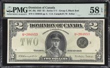 CANADA. Dominion of Canada. 2 Dollars, 23.6.1923. DC-26j. PMG Choice About Uncirculated 58 EPQ.
Series U. Group 3, black seal. Campbell - Sellar sign...