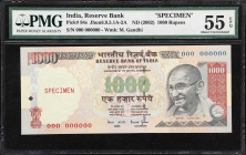 INDIA. Reserve Bank of India. 1000 Rupees, ND (2002). P-94s. Jhun6.9.5.1A. Specimen. PMG About Uncirculated 55 EPQ.
One of just two specimens of this...