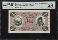 IRAN. Imperial Bank of Persia. 1 Toman, 1.1.1896. P-1s. Specimen. PMG Choice About Uncirculated 58.
While PMG claims that this note is undated, it cl...