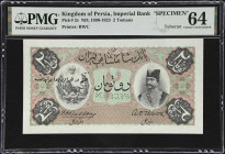 IRAN. Imperial Bank of Persia. 2 Tomans, ND (1890-1923). P-2s. Specimen. PMG Choice Uncirculated 64.
Teheran branch. An attractive and desirable spec...